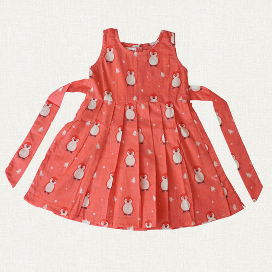 Penguin Peach Pink Print Cotton Frock