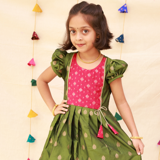 Mehendi Colour Balloon Sleeve Silk Frock
