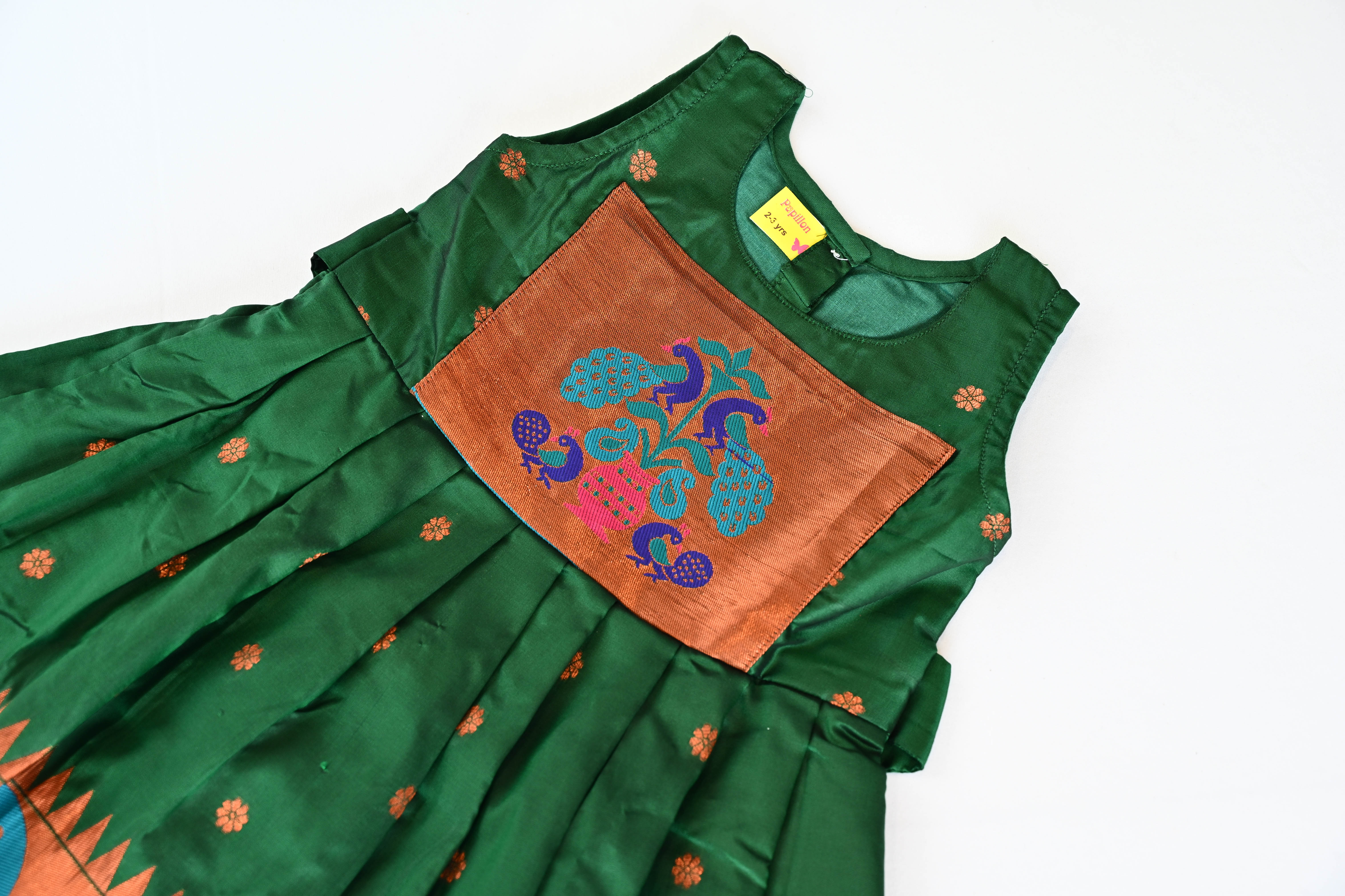 Bottle Green Paithani Silk Frock