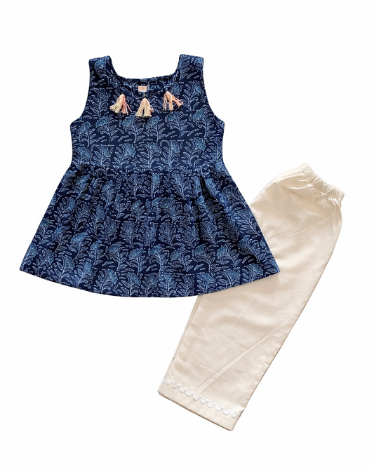 Indigo & White Cotton Sleeveless Co-ord Set