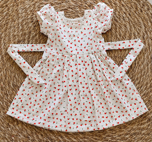 Crushed White Red Floral Print Cotton Frock