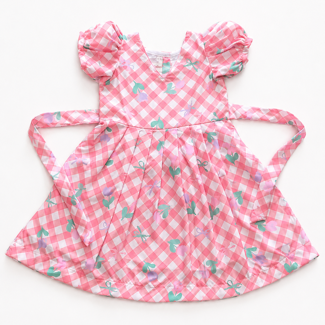 Gingham Print Balloon Sleeves Cotton Frock