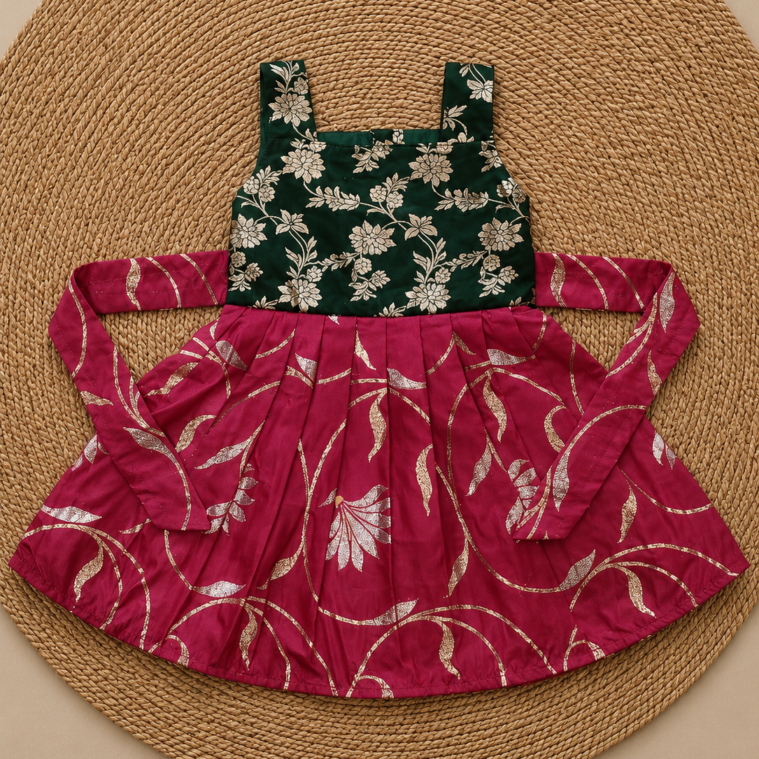 Green Rani Pink Shoulder Strip Silk Frock
