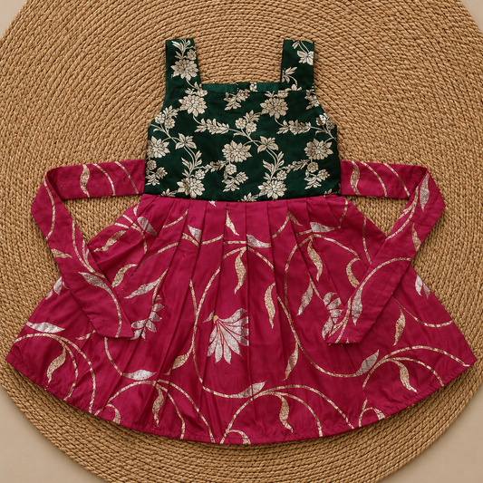 Green Rani Pink Shoulder Strip Silk Frock