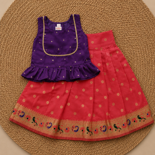 Red Paithani Border Parkar with Purple Polka