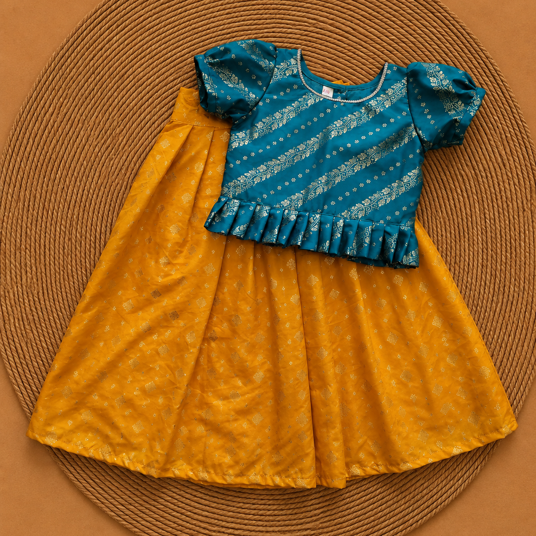 Yellow Parkar with Blue Polka