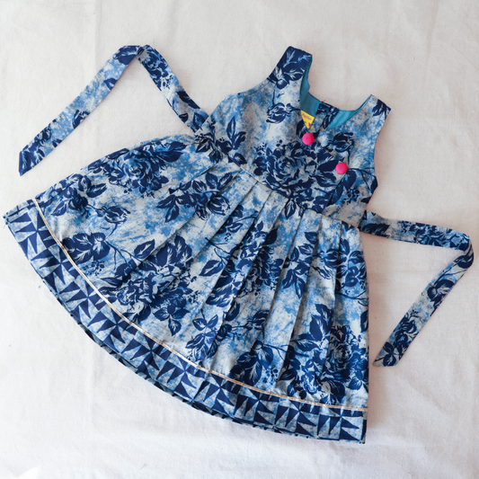 Indigo Cotton Frock with Overlap Pattern