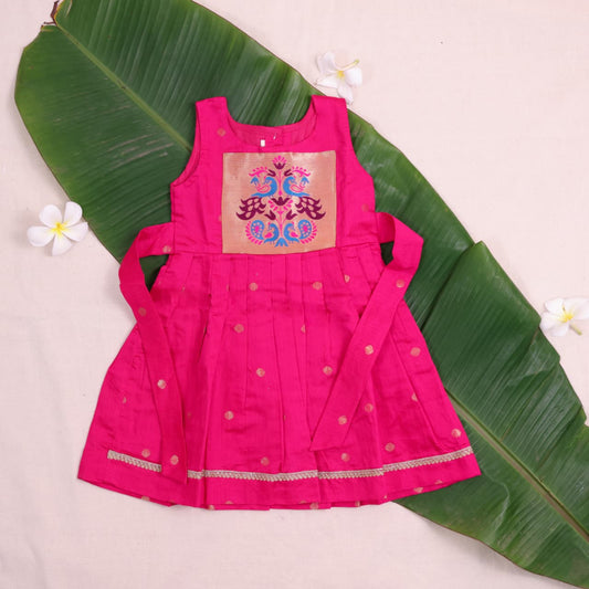 Bright Pink Paithani Patch Raw Silk Frock