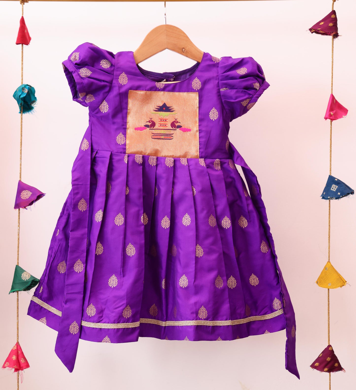 Violet Paithani Patch Ballon Sleeve Frock