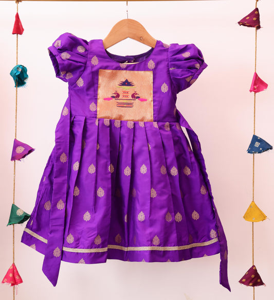 Violet Paithani Patch Ballon Sleeve Frock