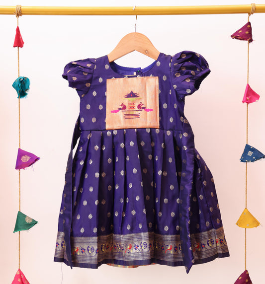 Dark Purple Paithani Border Ballon Sleeves Frock