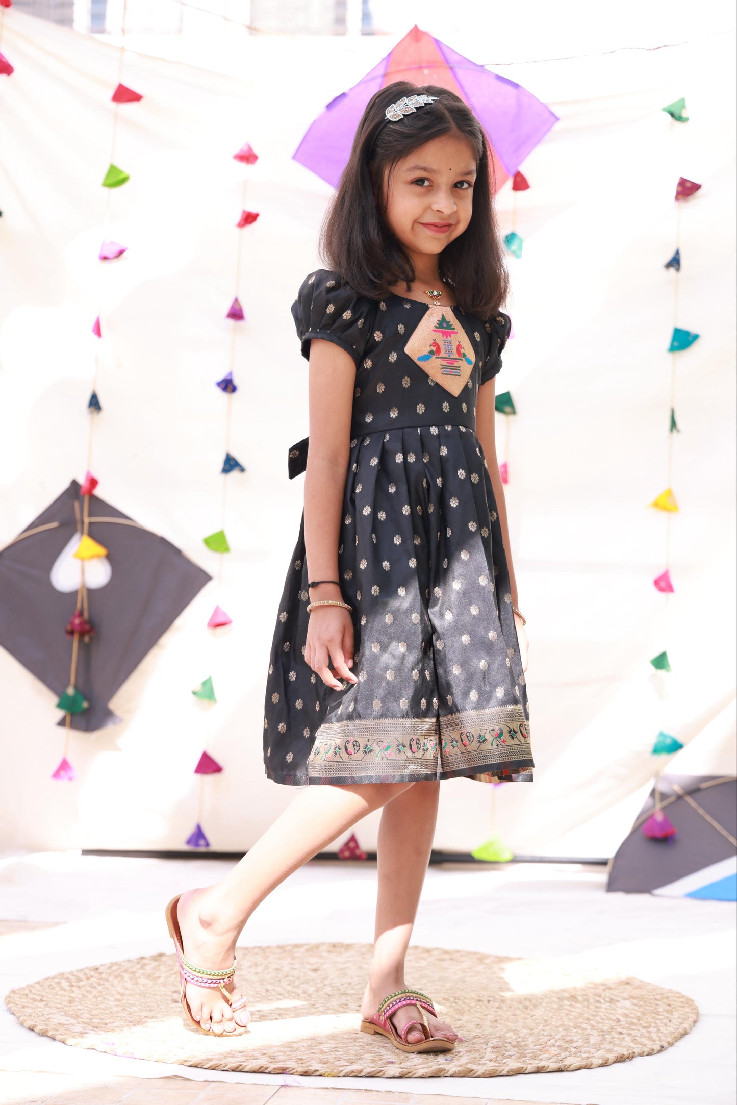 Paithani Border Frock with Paithani Patch and Balloon Sleeves