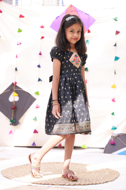 Paithani Border Frock with Paithani Patch and Balloon Sleeves