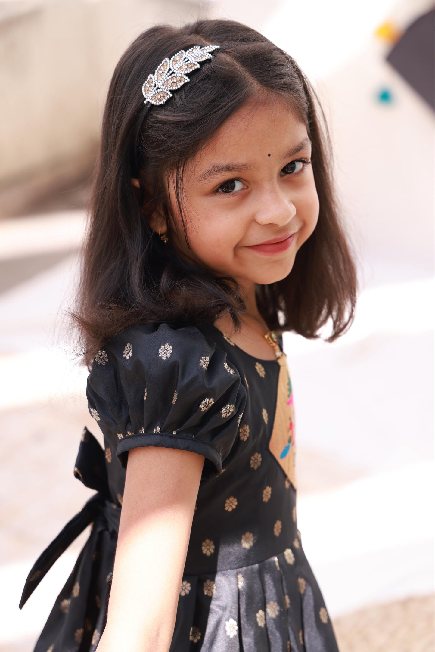 Paithani Border Frock with Paithani Patch and Balloon Sleeves